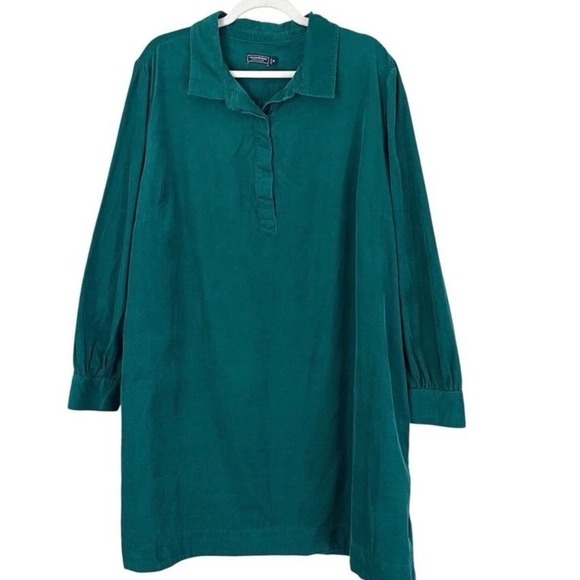 Vineyard Vines Women's XL Green Corduroy Puff Sleeve Collared Popover Dress
